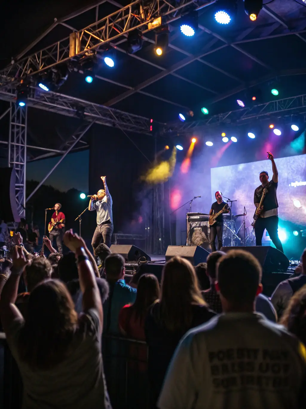 A vibrant photograph capturing a live performance at a BRILLIANCE BOOK event, showcasing a contemporary music ensemble on stage, bathed in colorful stage lighting, with an engaged audience in the foreground.