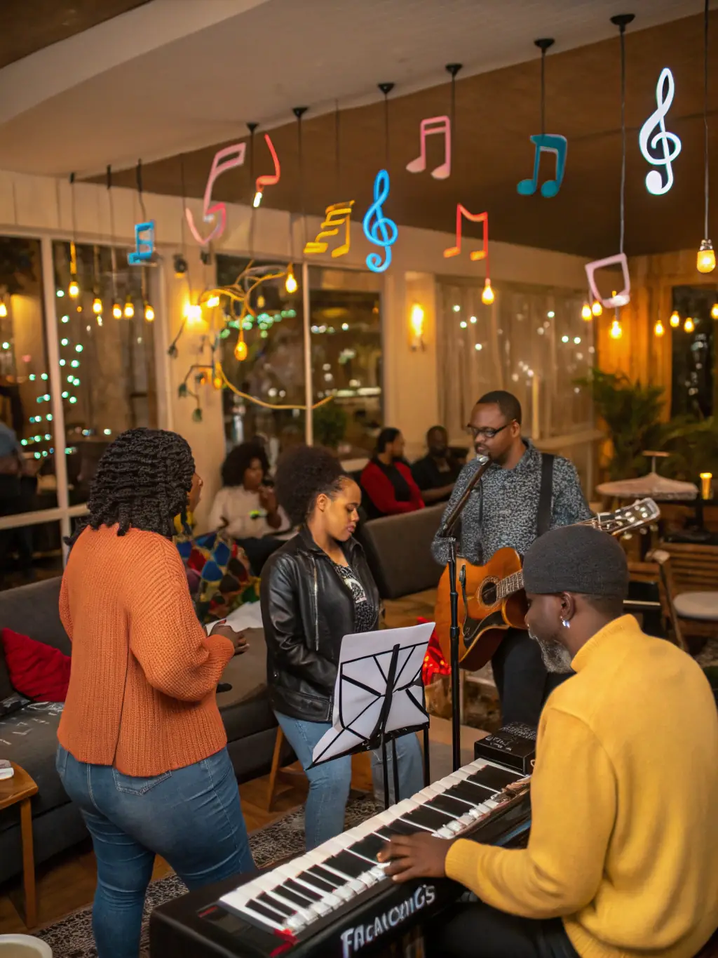 A photograph of a community workshop organized by BRILLIANCE BOOK, showing participants actively engaged in a songwriting session, with instruments and notebooks scattered around the room.