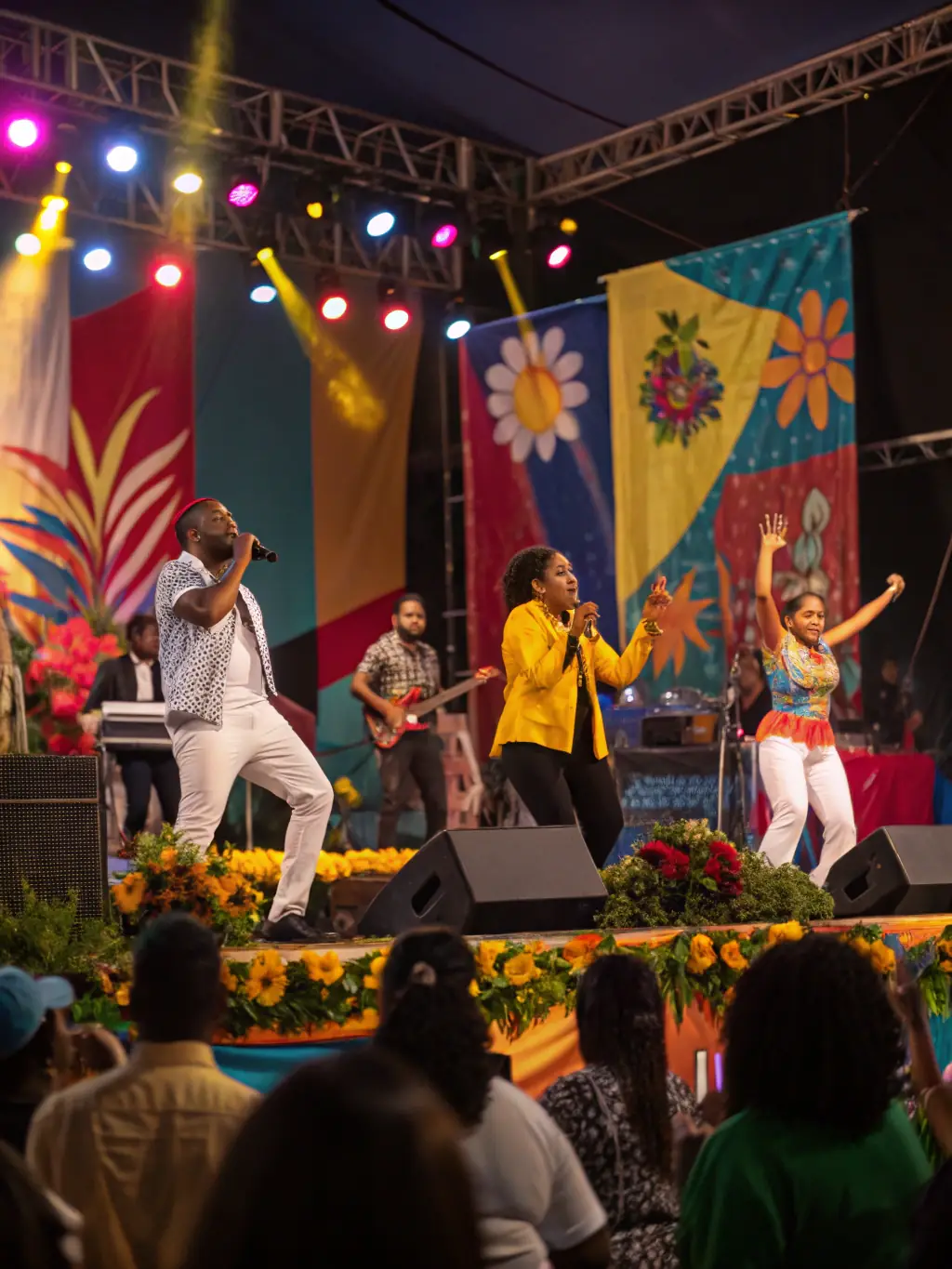 A dynamic image of a BRILLIANCE BOOK-sponsored cultural event in a public space, featuring a diverse crowd enjoying a contemporary music performance, with food stalls and art installations in the background.